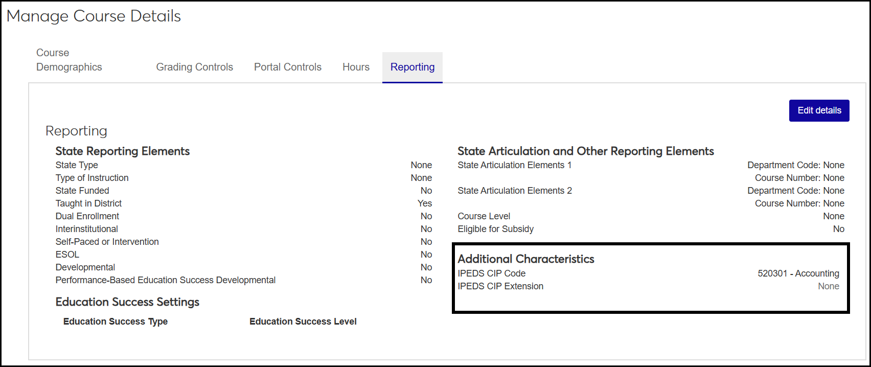 Manage Course Details page, Reporting tab showing the IPEDS CIP Code and IPEDS CIP Extension for a catalog course