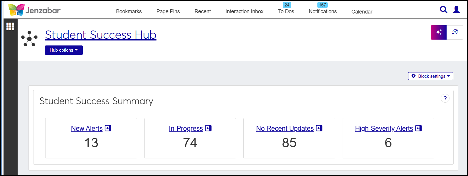 Summary page on the Student Success hub showing the count of alerts in each stage of progress: New, In-Progress, No Recent Updates, High-Severity
