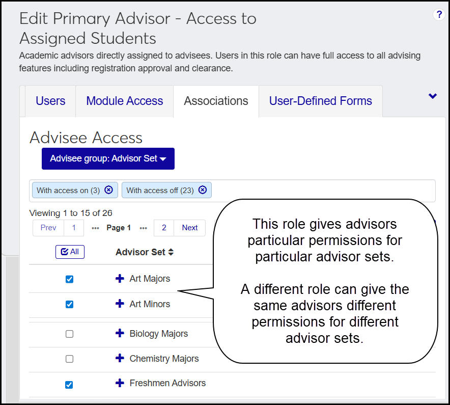 The Edit Primary Advisor Role page showing the Associations tab. Advisor sets for Art Majors, Art Minors, and Freshmen Advisors are selected. Therefore users in this role will have the selected permissions for the selected advisor sets.