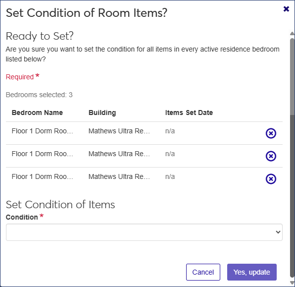 Set Condition of Room Items window for multiple bedrooms