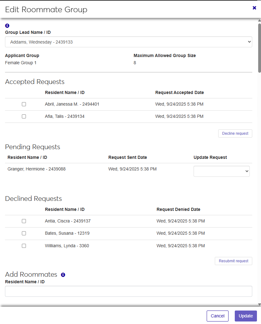 Edit Roommate Group window