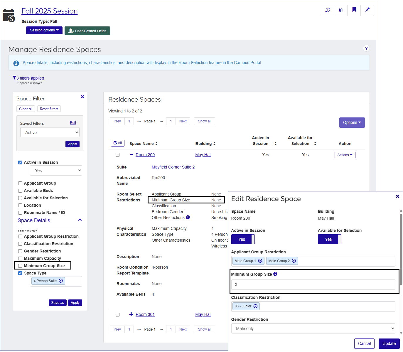 Manage Residence Spaces page and Edit window - Minimum Group Size fields highlighted