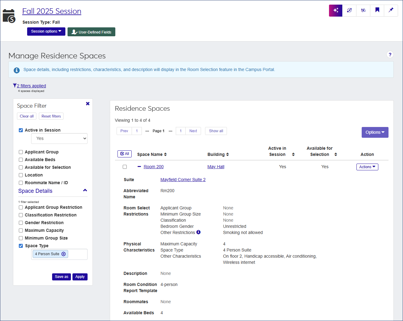 Manage Residence Spaces page