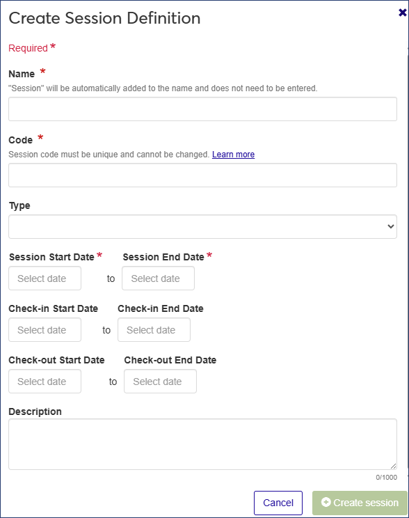 Create Session Definition window
