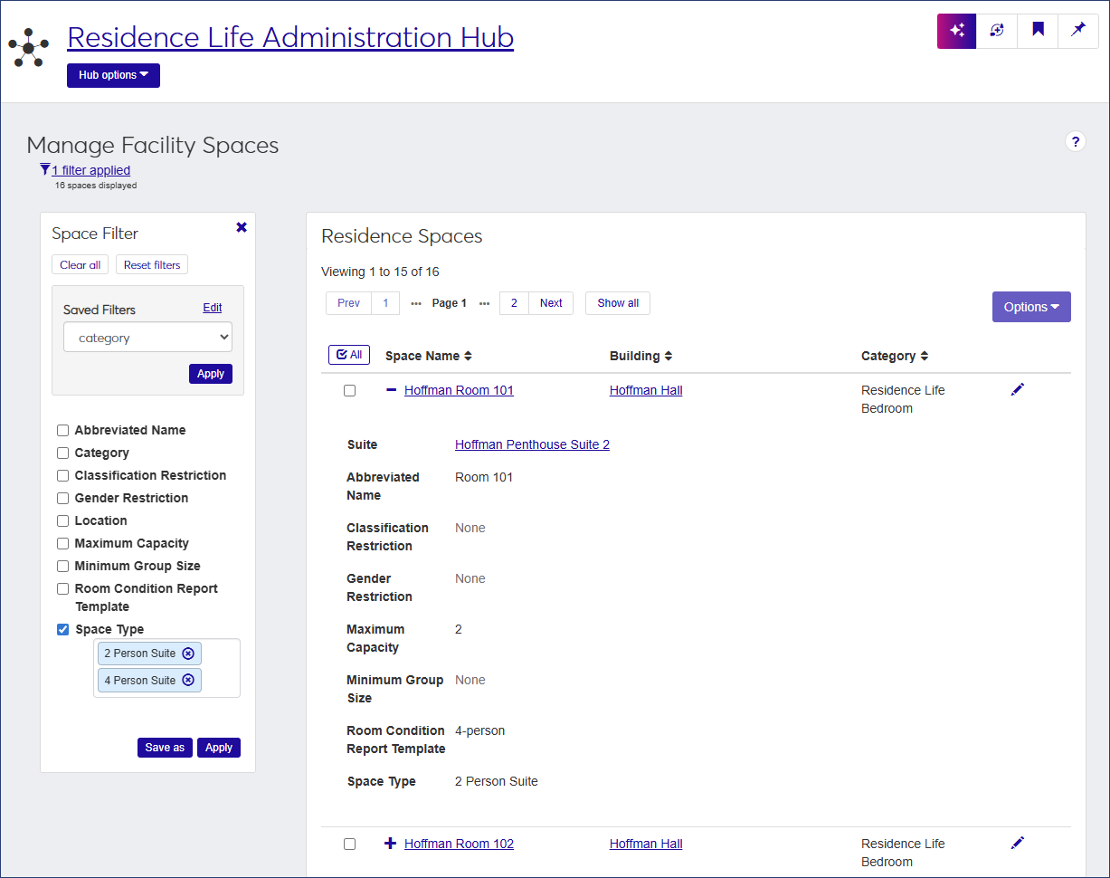 Manage Facility Spaces page