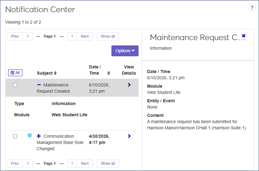 Notification Center - Maintenance Request notification spotlighted