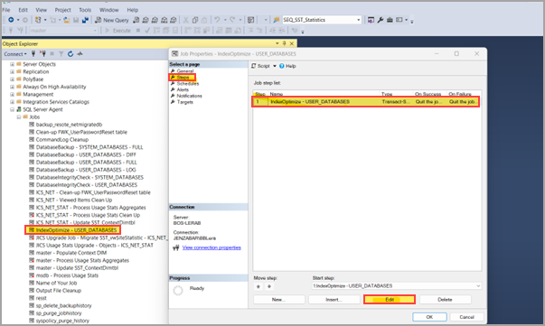 Edit Index Optimize Job for User Databases screen
