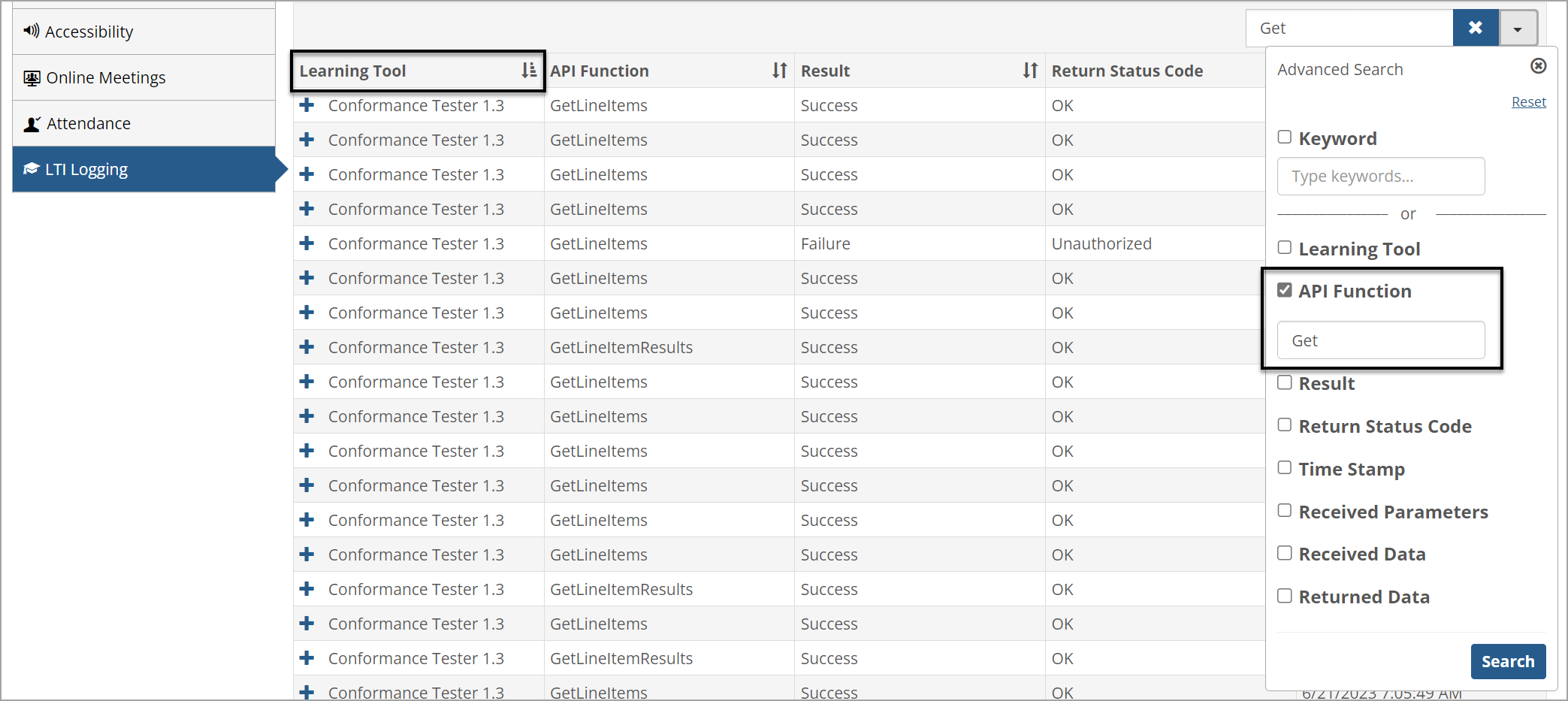 LTI Logging page showing Advanced Search capabilities