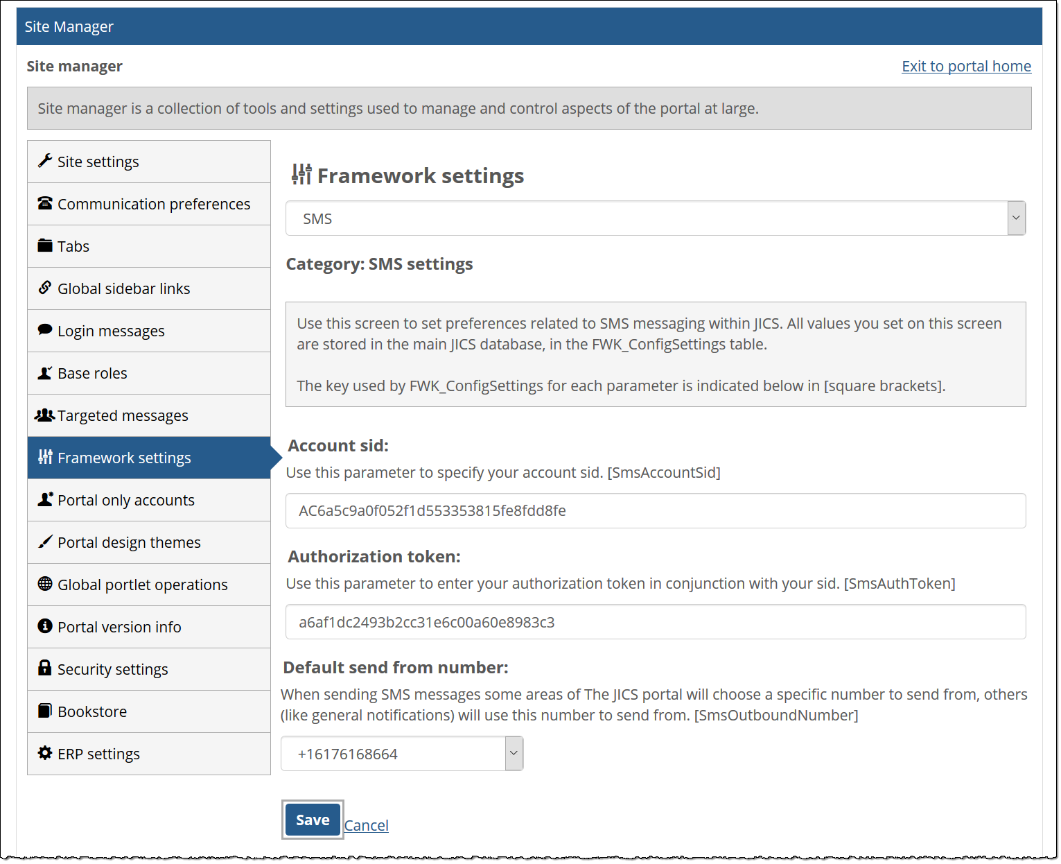 Framework settings page in Site Manager