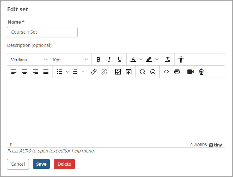 Edit set screen