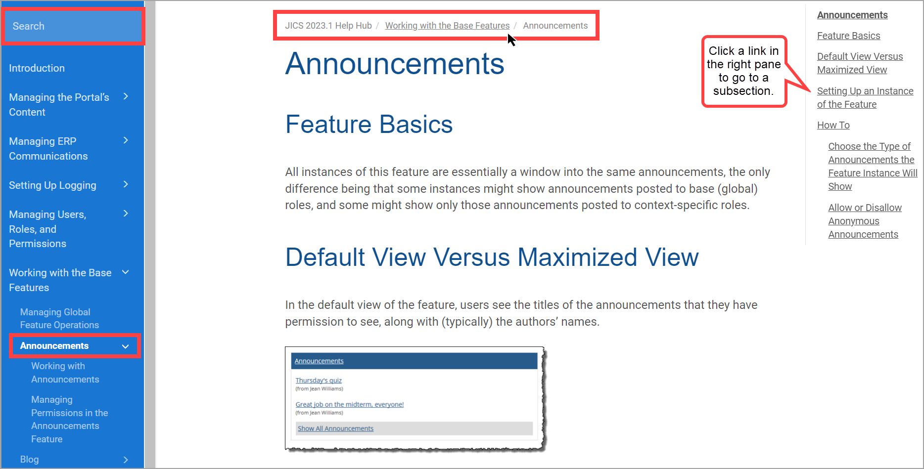 Top part of Announcements online help page showing links and the Search field on the top left.