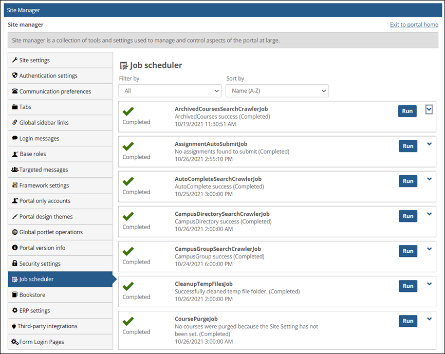Job scheduler page in Site Manager
