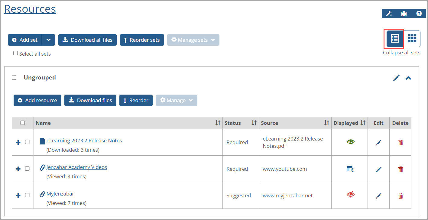 Resources in Ungrouped set displayed in List View.