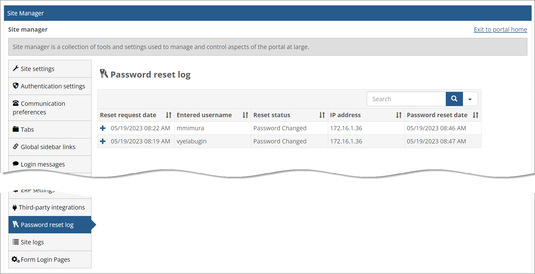 Password reset log table