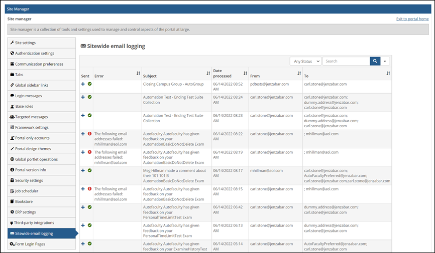 Sitewide email logging page in Site Manager
