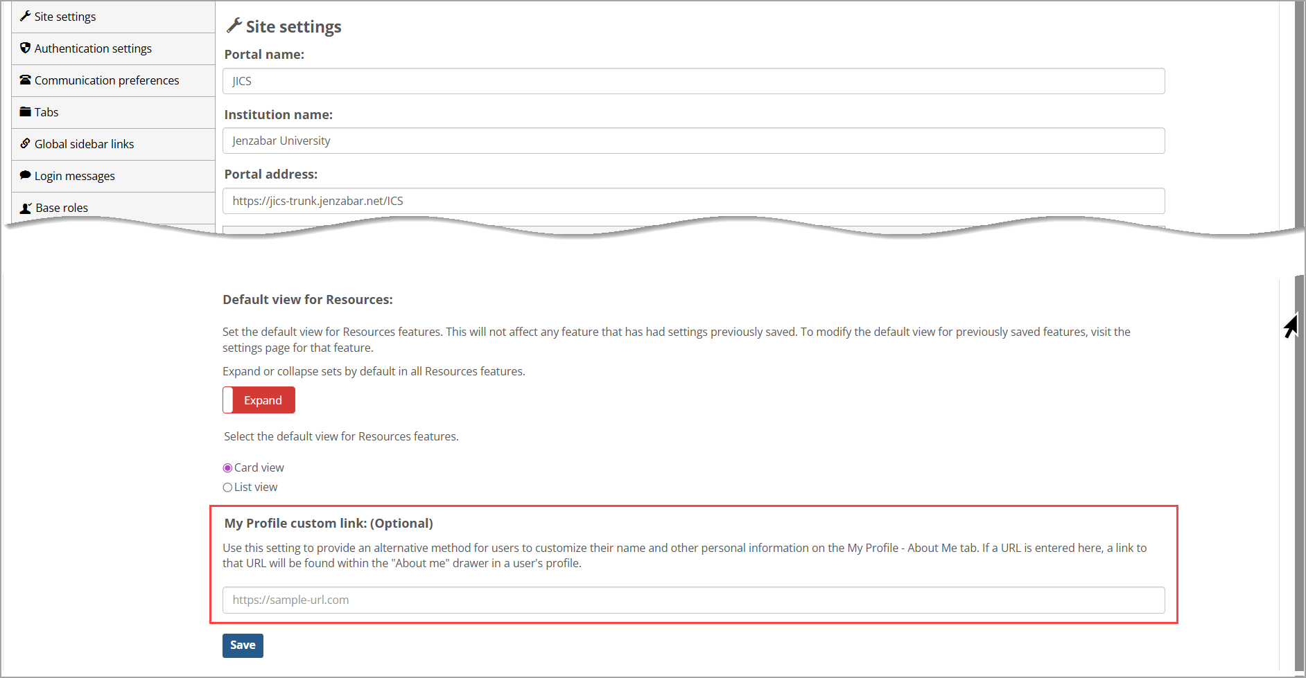 My Profile custom link: (Optional) field on Site settings screen