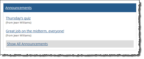 Default view of Announcements screen