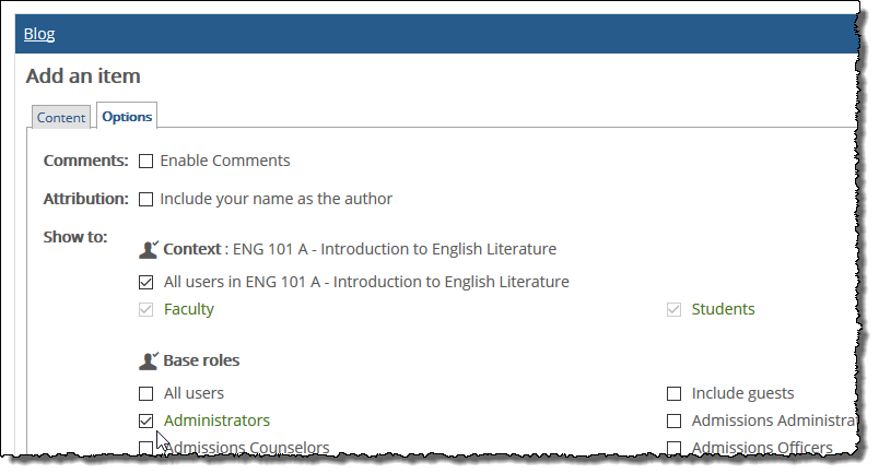 Blog options tab to select roles.