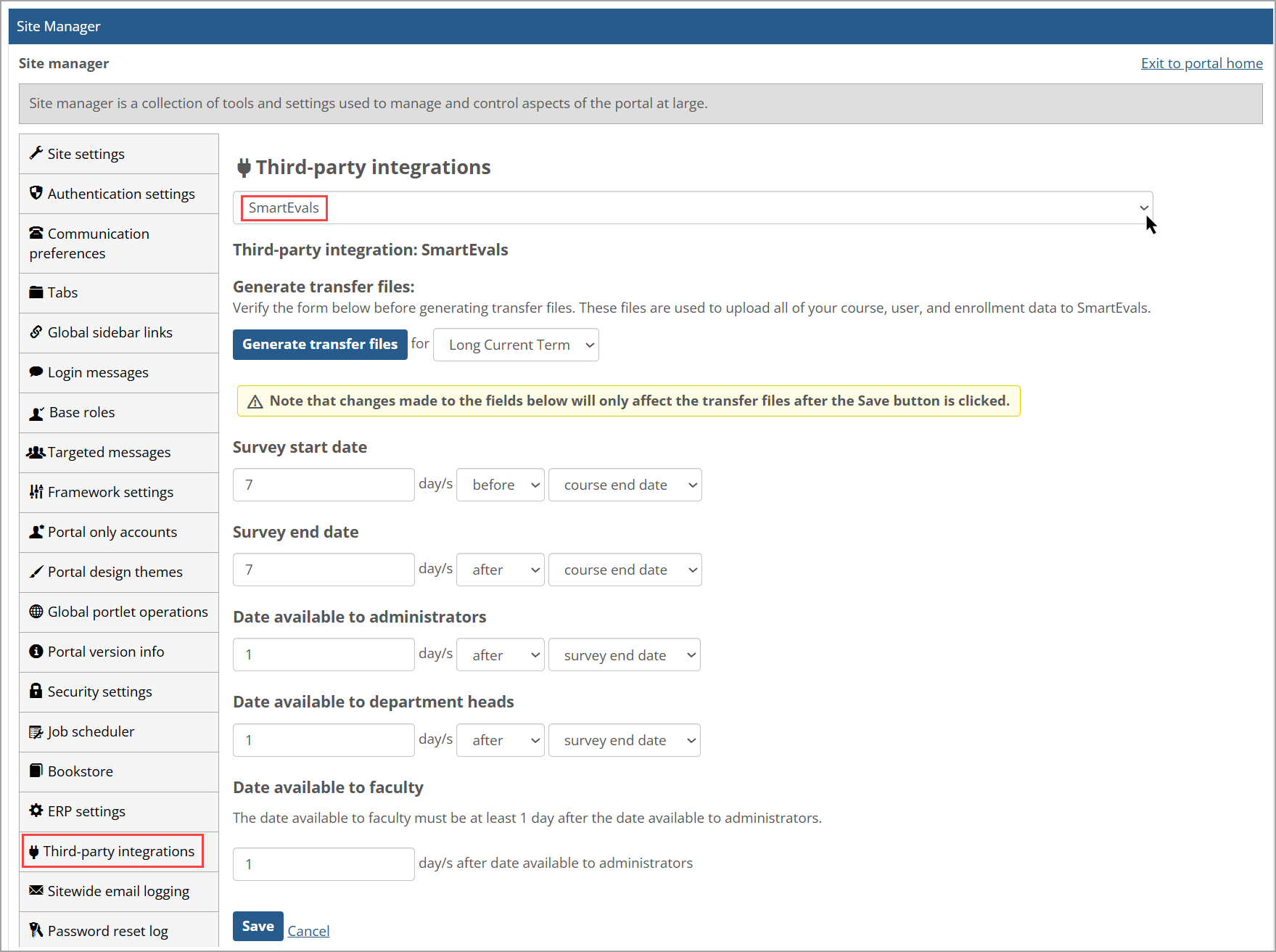 Site Manager - Third-party integrations showing SmartEvals selected.
