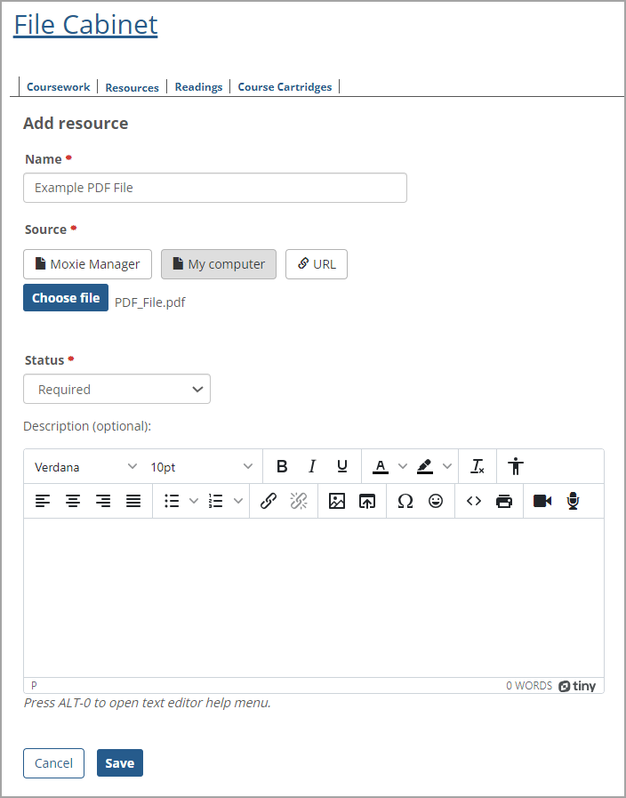 Add resource screen for File Cabinet