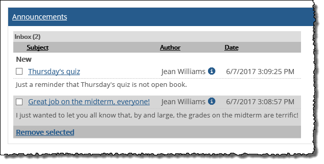 Maximized view of Announcements screen