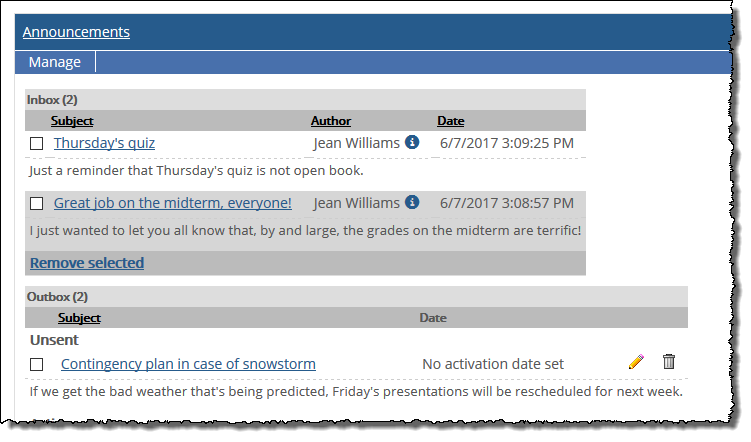 Manage section showing Unsent announcement in Outbox.