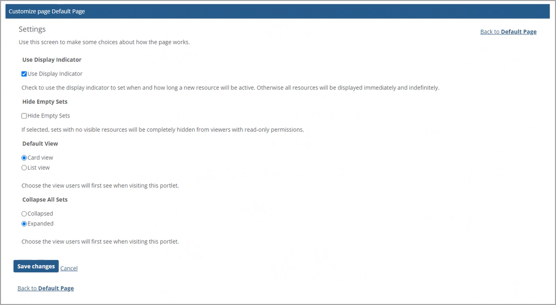 Resources portlet Settings page after clicking Wrench icon