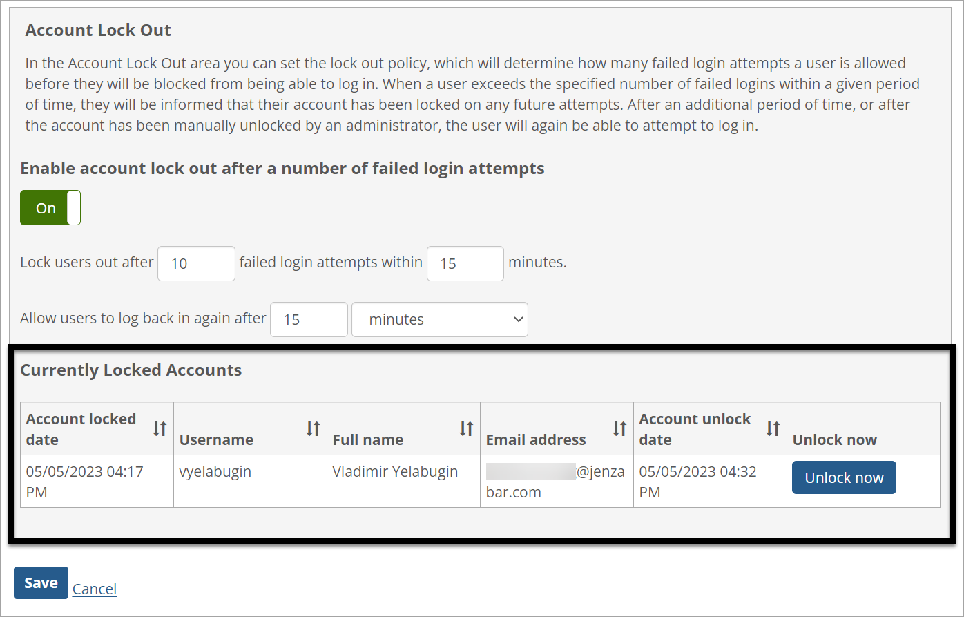 Currently Locked Accounts section