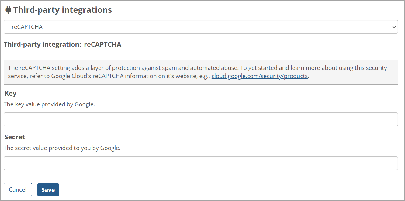 Third-party integrations page showing reCAPTCHA fields.