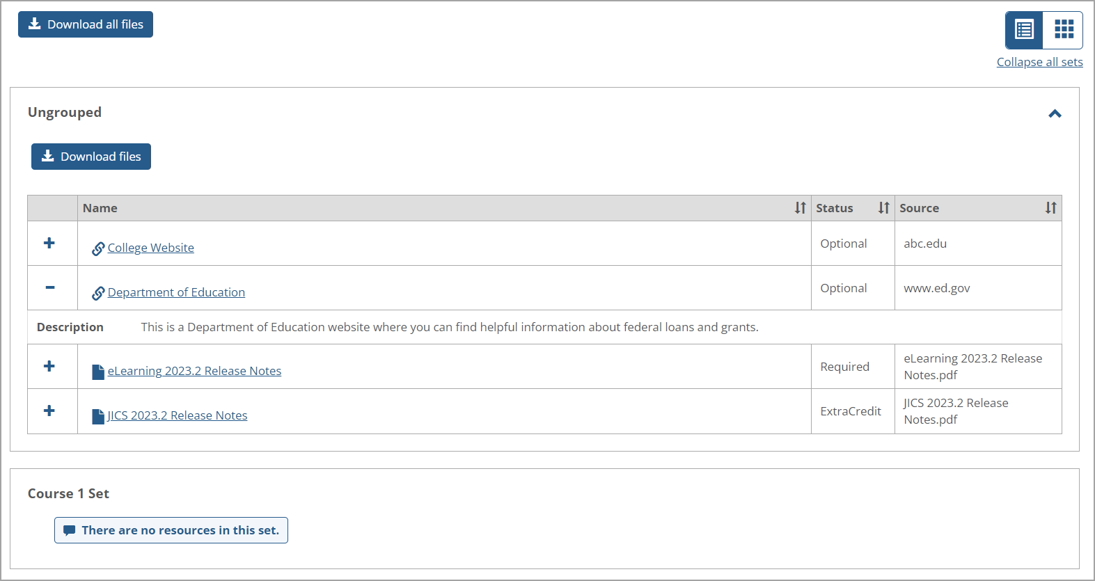 Read-only View of Resources and Sets (Student View)