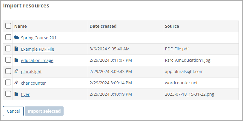 Import resources screen showing resources in File Cabinet.