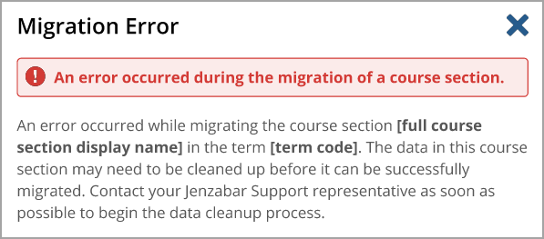 Migration Error pop-up window for Course section