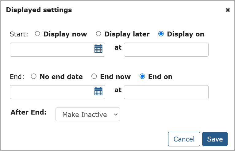 Displayed settings pop-up window