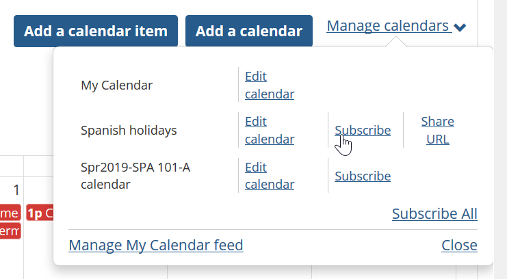 Manage calendars drop-down menu showing Subscribe link.