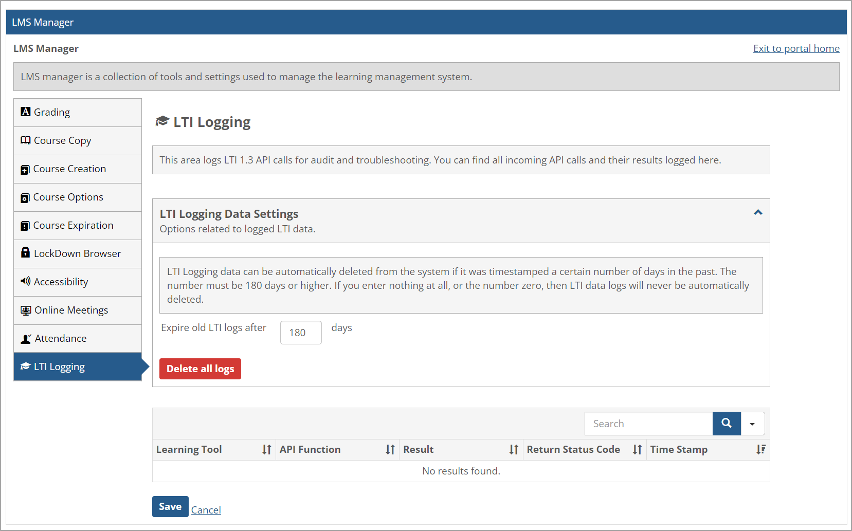 LTI Logging page showing Data Settings options.