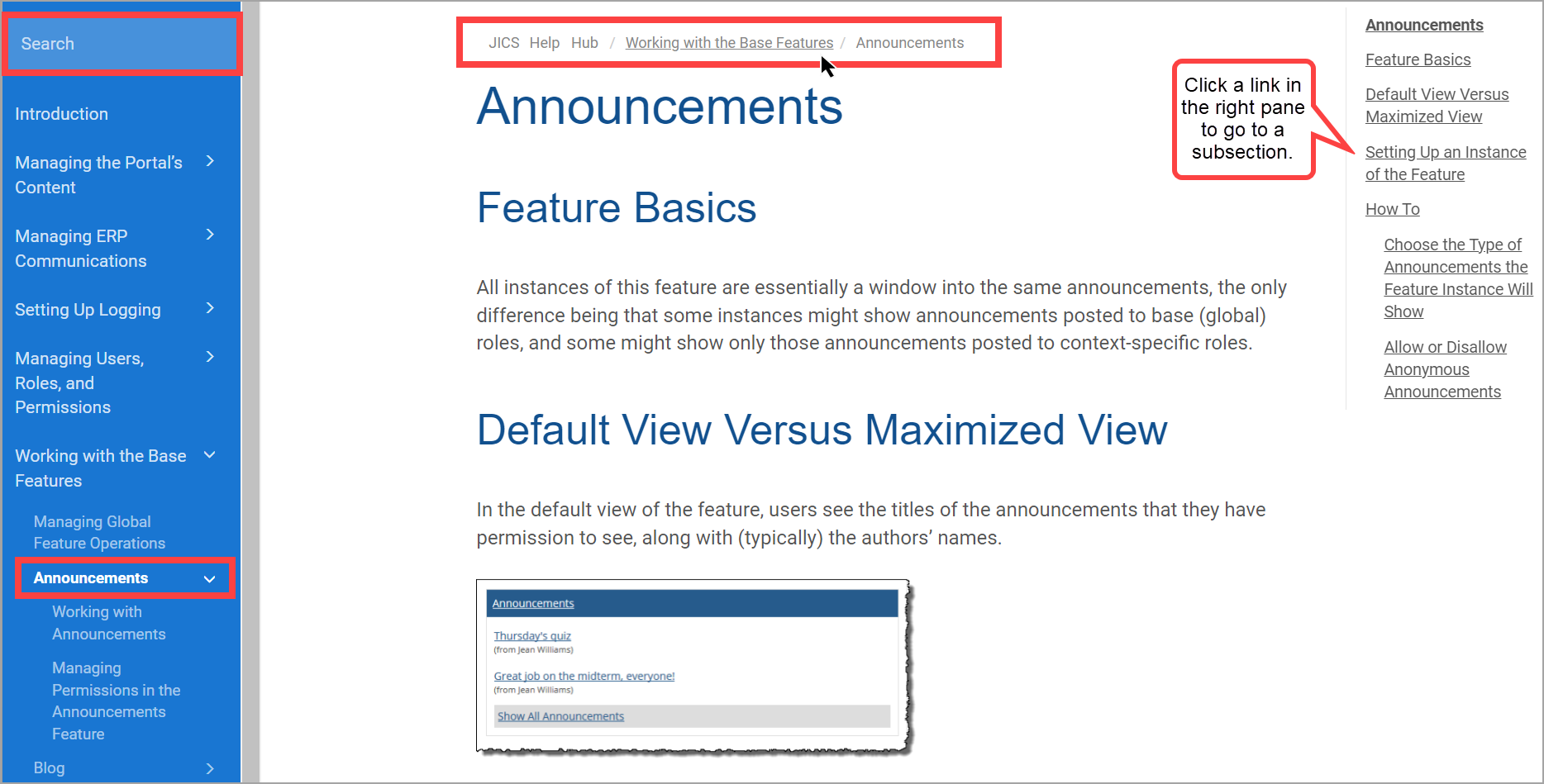Top part of Announcements online help page showing links and the Search field on the top left.