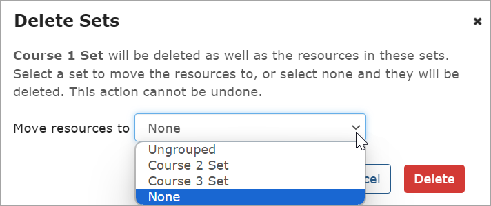 Delete Sets pop-window if there are set resources.