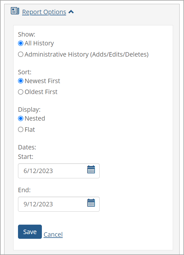 Report Options drop-down section