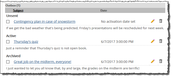 Archived announcement showing in Outbox.