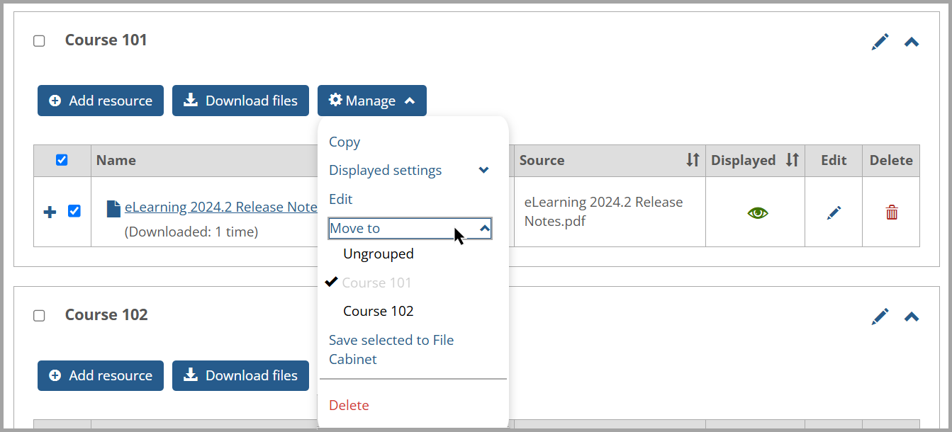 Move to options shows available sets (other than the current one) in the Manage drop-down list.