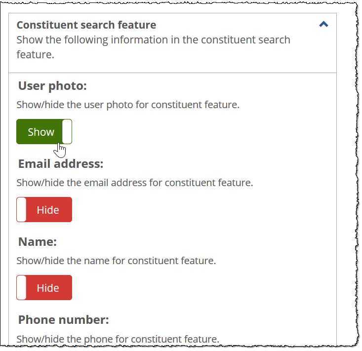 Constituent search feature with buttons to show or hide information.
