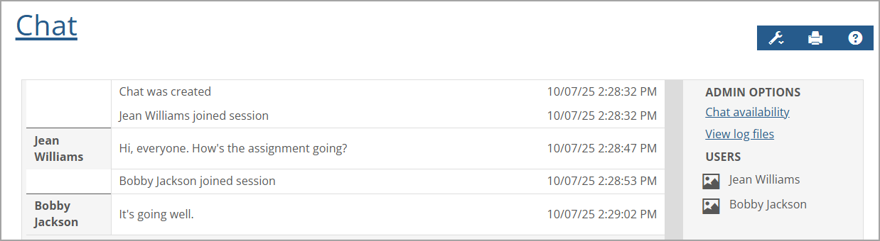Chat screen showing View log files link on top right.