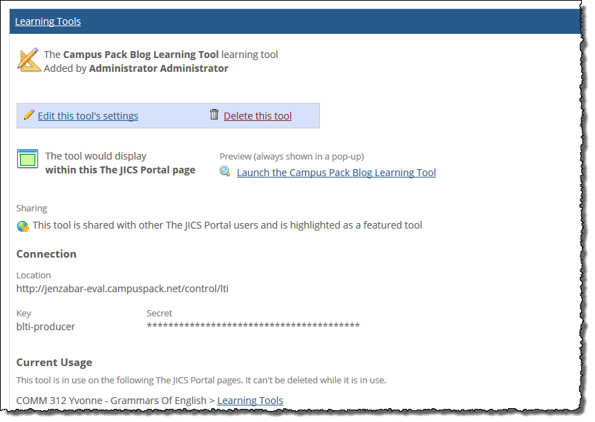 Tool Summary screen showing Edit and Delete links.