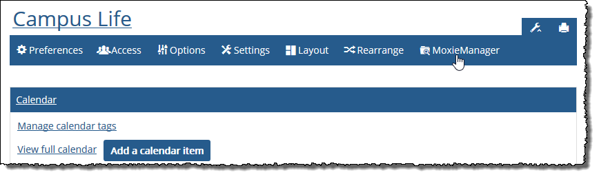 Campus Life screen showing MoxieManager link in Admin bar.