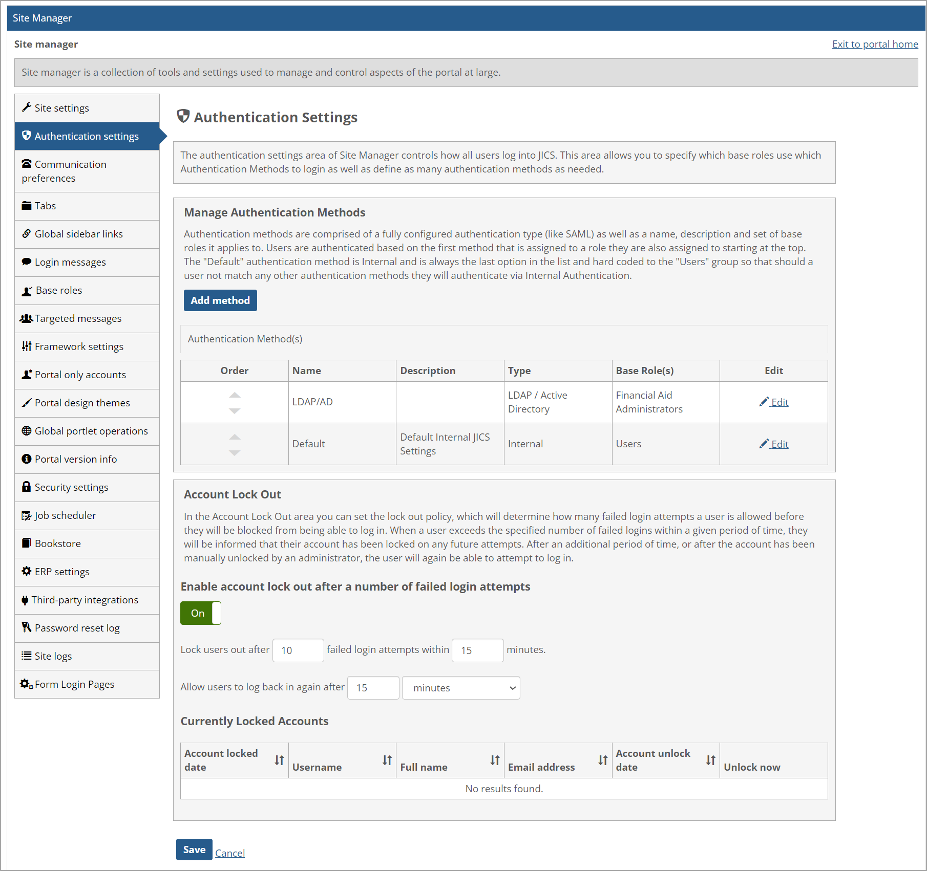Authentication Settings page