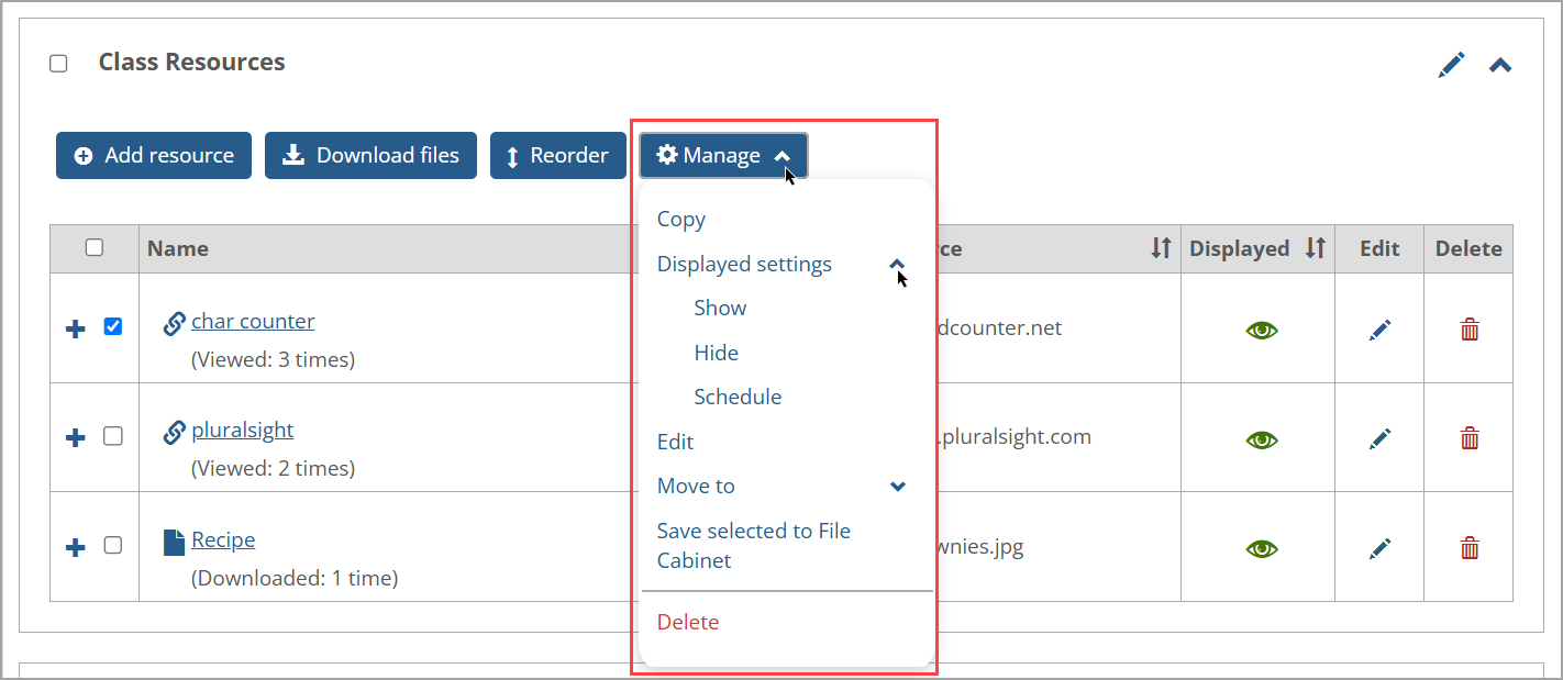 Clicking the Manage button displays a drop-down list of options for resources.