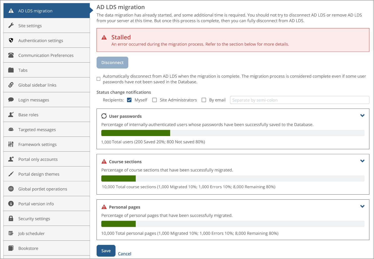 Stalled status on AD LDS migration page
