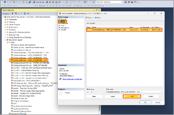 Edit LOG Backup Job for User Databases screen