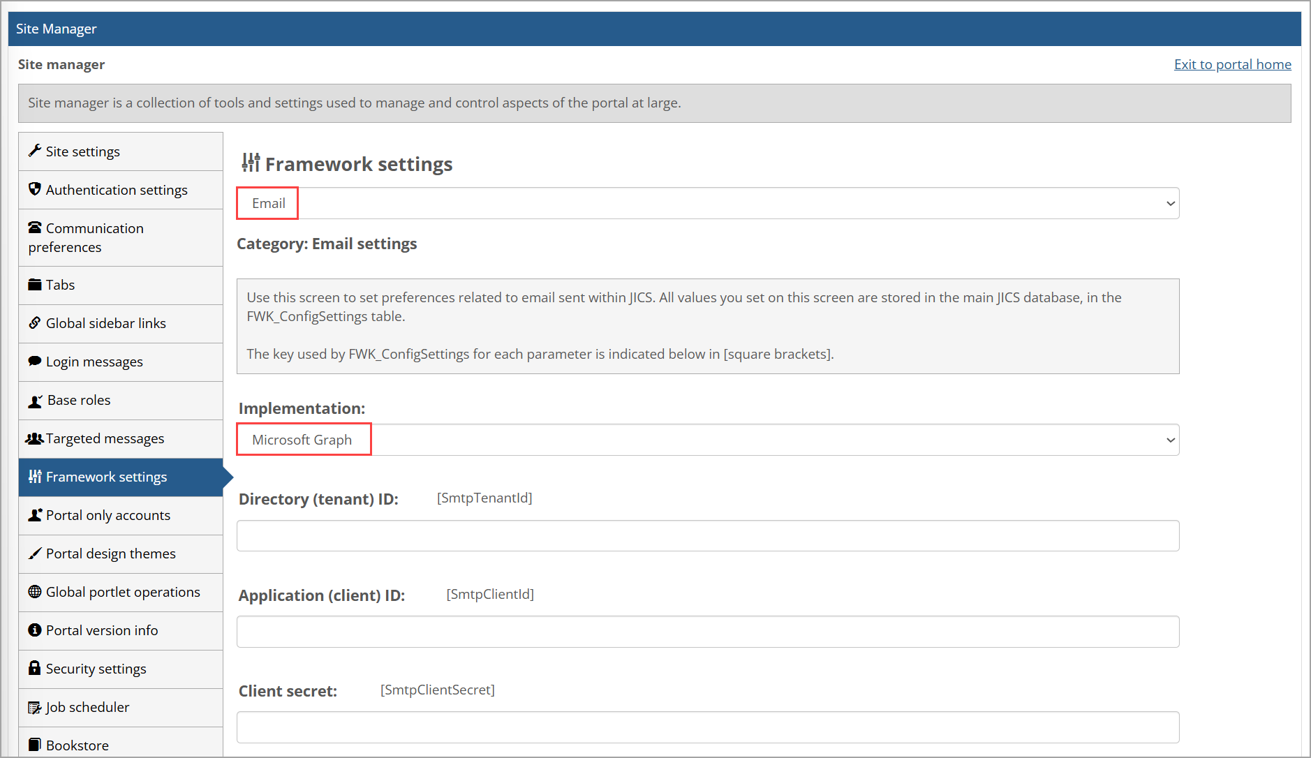 Selecting Microsoft Graph option displays 3 new fields.