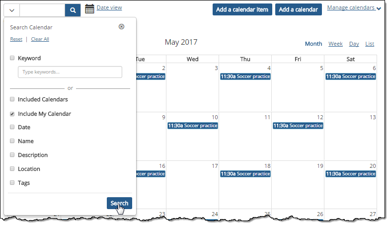Search Calendar options on My Calendar